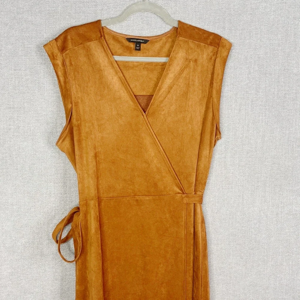 Banana Republic Dress Womens 14 Beige Wrap Midi Faux Suede Vegan Sleeveless Work
